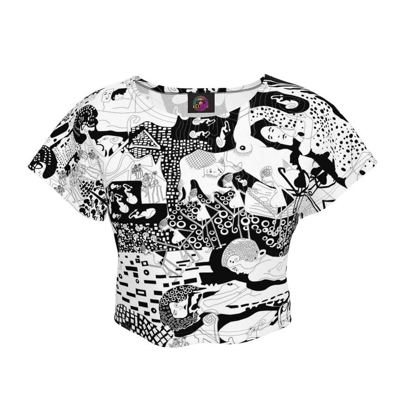 Ladies Crop Top Cotton – Klimt Rave Black and White Pattern