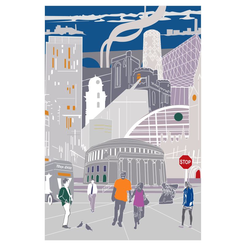 Manchester Skyline Poster – Daytime City Illustration (24×36 in / 609×